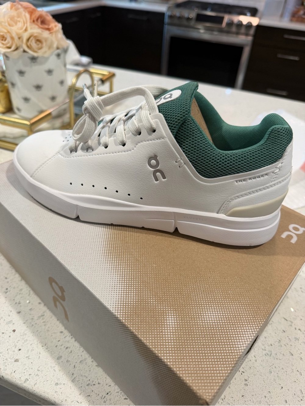 On Running White Leather Sneakers with Green Mesh Collar